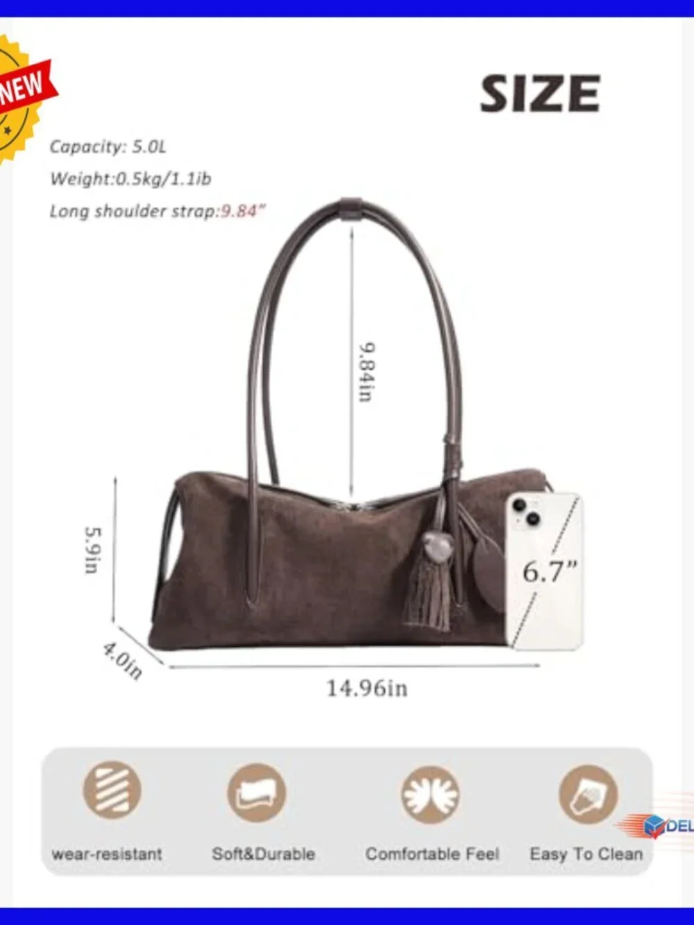 Genuine Suede Leather Hobo Bag, Lightweight Tote for Daily Commute